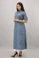 Blue cotton zig zag printed A-line kurta, short sleeves, Indian ethnic wear